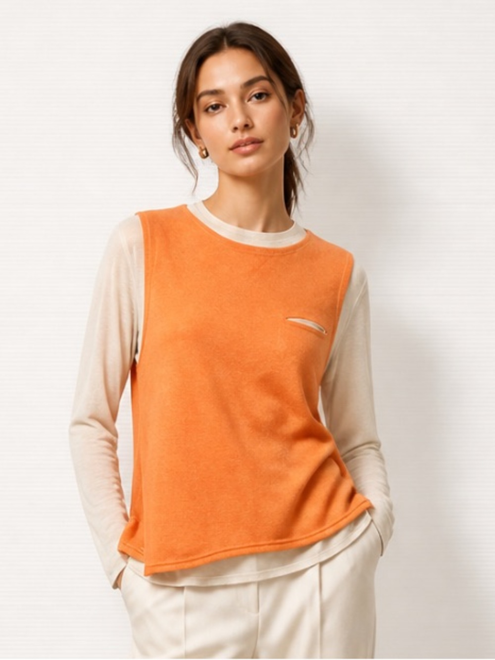ARNALDO BASSINI Sweater Pullover Italy Layered Split Back Orange Ivory Designer